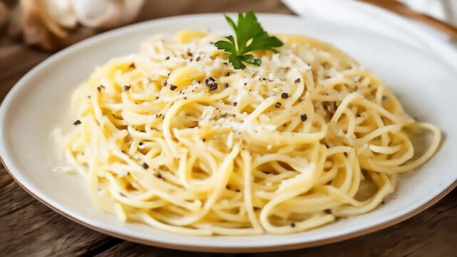 Close up of a plate of spaghetti cacio e pepe with creamy sauce, black pepper, and parsley on a white plate over a wooden table. Italian cuisine concept.