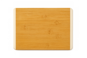 Bamboo cutting board featuring rounded corners, white plastic trim, resting on transparent surface, perfect for culinary styling