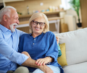 Portrait of a happy senior couple embracing talking at home
