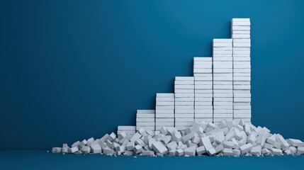Fototapeta premium White blocks stacked in a bar graph shape, partially collapsed at the base, set against a blue background.