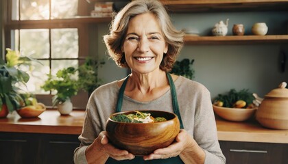 A smiling elderly woman holding a wooden bowl filled with fresh, healthy food in a rustic kitchen