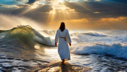 A figure in white walking on water under dramatic skies with sunlight breaking through the clouds, symbolizing faith and serenity