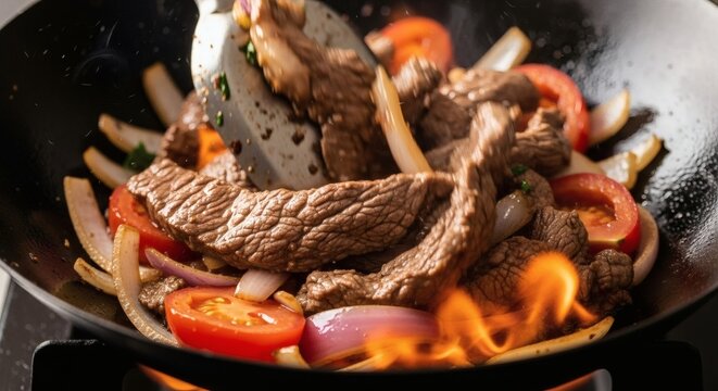 Action Shot : Cooking Lomo Saltado, a Classic Peruvian Beef Stir-fry in a Flaming Wok