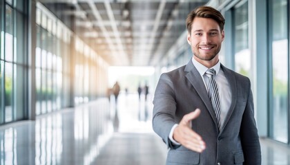 Fototapeta premium A businessman in a modern hallway extending a handshake, symbolizing welcome, partnership, and professional networking