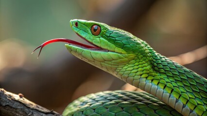 Fototapeta premium Green Snake with Tongue Out in Natural Habitat Lush Environment
