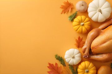 Roasted whole turkey with colorful pumpkins, autumn leaves, and pine branches for a Thanksgiving celebration feast concept.