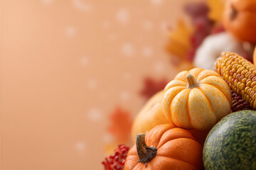 Autumn harvest setting with pumpkin, corn, and fall foliage on a warm background. Seasonal decoration for Thanksgiving.