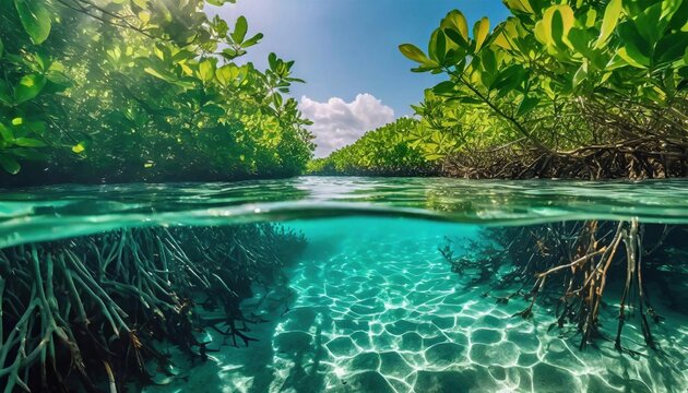An underwater mangrove view with sunlight illuminating the crystal-clear water and roots