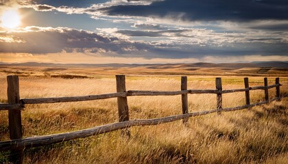 Fototapeta premium rustic wooden fence stretches through sunlit prairie under a dramatic cloudy sky wide open landscape serene rural