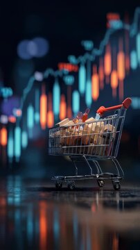 Brightly lit shopping cart overflowing with merchandise juxtaposed with bullish stock market indicators and data points illustrating the lucrative potential of online retail and smart
