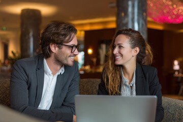 Fototapeta premium Joyful couple in a hotel sharing a laptop and gazing at one another