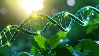 Green DNA strand in nature setting symbolizing bioengineering, genetic research, sustainability in science, or the fusion of biology and environmental harmony