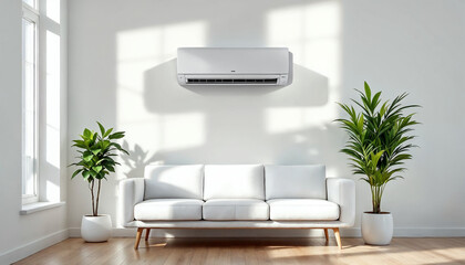 A sleek air conditioner above a white sofa in a bright, modern living room.
