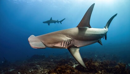 Obraz premium Closeup of a hammerhead shark swimming underwater representing marine biology, ocean conservation or underwater exploration themes