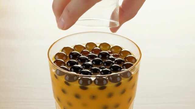 Woman&rsquo;s hand pouring tapioca pearls into a mango smoothie glass. Making bubble tea or bobo drink. Refreshing beverage slow motion footage.