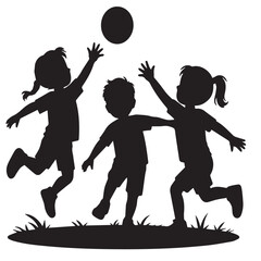 A silhouette of children playing with a ball outdoors, isolated on white background, representing childhood fun, friendship, and active lifestyle