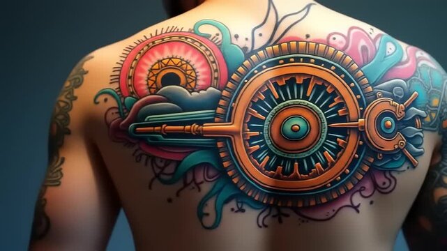 Colorful Biomechanical Back Tattoo.