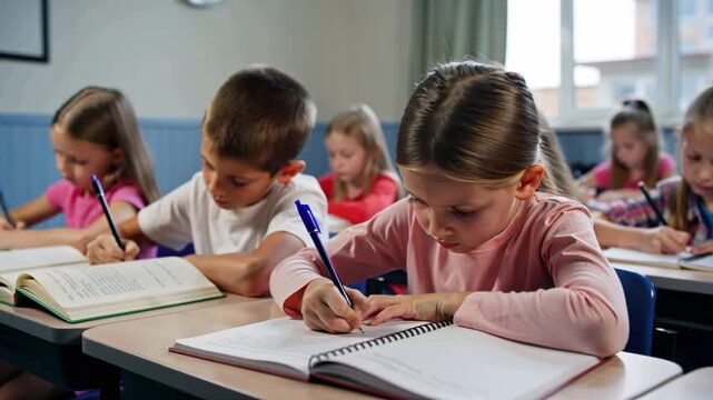 children focused at school write in notebooks, test