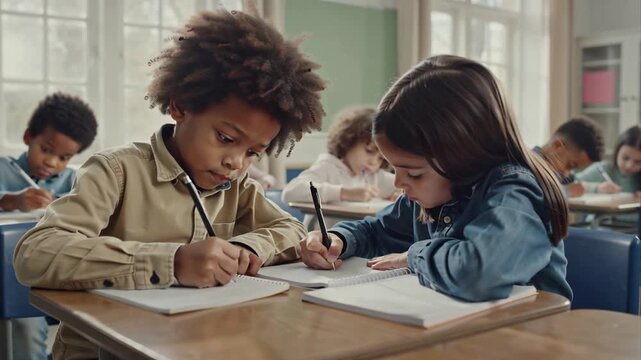 children focused at school write in notebooks, test