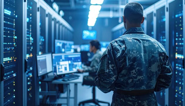 Military personnel in a high-tech server room monitoring data representing cyber security, defense intelligence, digital warfare, and national security infrastructure