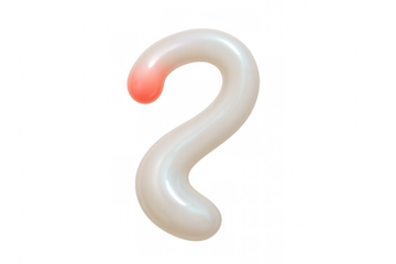 Glossy white 3d question mark with prominent red dot, floating against transparent backdrop