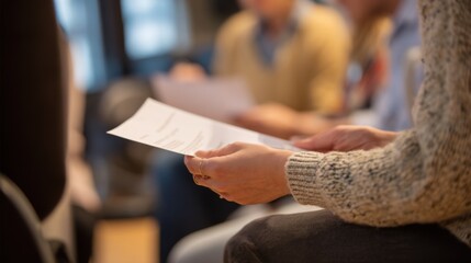 Medium shot of hands exchanging informational pamphlets on mental wellness in a stigmafree training session with the main objects sharply focused and the surrounding workshop scene