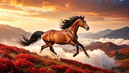 Powerful brown horse galloping over red alpine meadows above the clouds with sunset sky symbolizing freedom, energy and wild beauty of nature
