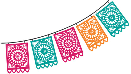 vibrant papel picado banner string vector illustration design and isolated on white background.