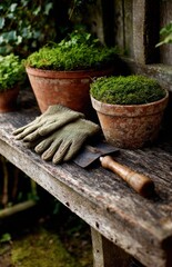 Gardening gloves and trowel resting on rustic wooden table with moss pots