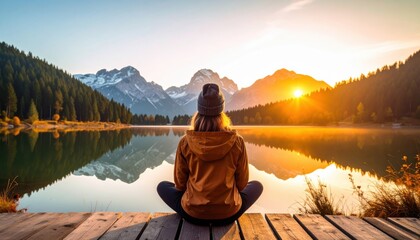 Person meditating by mountain lake at sunrise reflecting peaceful solitude and harmony with nature in serene landscape