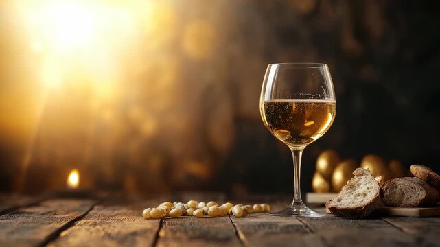 Glass of white wine with bread and grapes on rustic table
