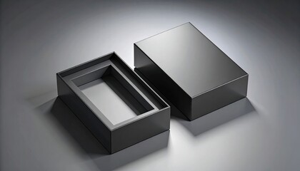 Minimalist black open box on a gray surface emphasizing sleek product design, premium packaging, luxury branding and unboxing trends