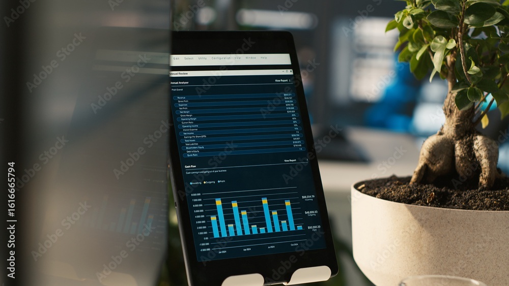Poster close up of tablet screen on desk displaying financial graphs of company profits performance metrics