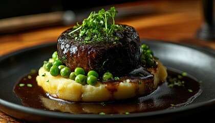 Traditional black pudding with mashed potatoes, peas, and a rich gravy sauce served in a rustic setting 
