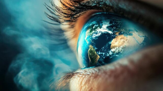 Eye reflecting Earth, symbolizing global perspective and interconnectedness