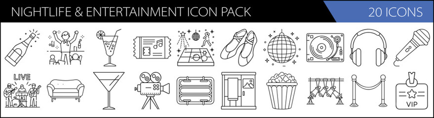 Nightlife & Clubbing Icon Set – Party & Fun Line Art Elements