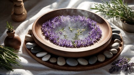 Title: Spa bowl filled with fresh herbs arranged in a calming setting with soft lighting and natural textures evoking wellness, healing, and relaxation in a holistic self-care environment
