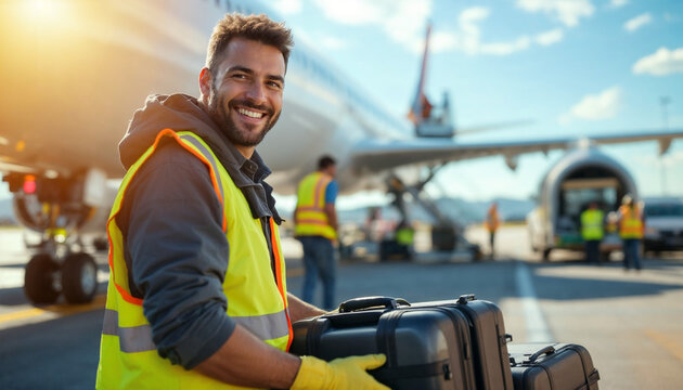 Smiling ground crew loads luggage in bright, busy airport summer scene.
