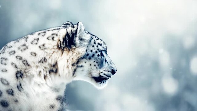 Majestic snow leopard with grey fur in snowy landscape