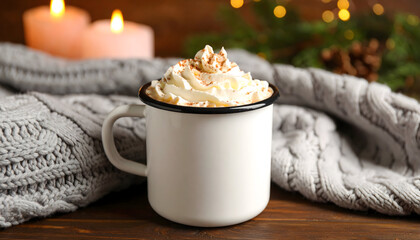 Warm beverage in cozy winter setting
