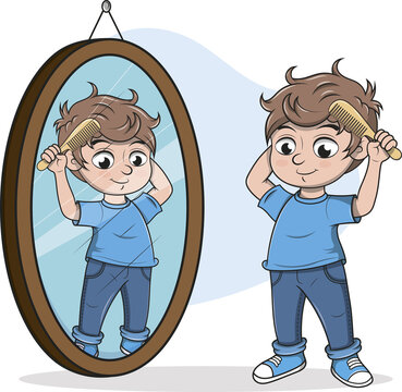 Ni&ntilde;o pein&aacute;ndose frente al espejo &mdash; ilustraci&oacute;n divertida estilo cartoon