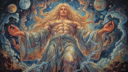 Obraz premium A painting of a man with long hair and a robe, holding his hands up in the air