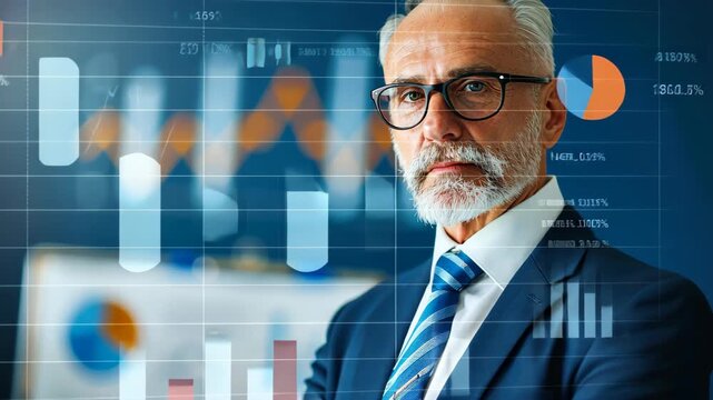 Mastering the Market: A seasoned executive, dressed in a sharp suit, gazes directly into the camera, charts and graphs projecting a sense of authority and business acumen.
