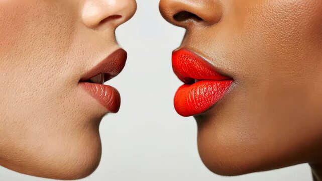 Close-up lips with anticipation: A close-up shot of two pairs of lips, one with red lipstick, coming together in a moment of anticipation, evoking sensuality and intimacy.
