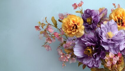 Pastel artificial flowers, arranged, blue background, wedding invitation design