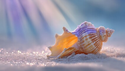 Seashell on sandy beach, sun rays, ocean background, summer vacation postcard