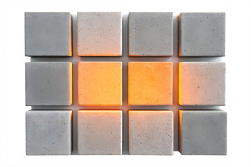 A minimalist architectural installation of twelve concrete blocks in a grid, with the central four squares glowing with a warm orange light.