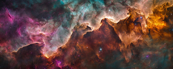 Obraz premium Exploring a vibrant galaxy-inspired background filled with colorful nebulae and celestial formations showcasing the beauty of the universe in an artistic representation