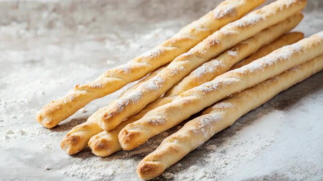 Twisted, baked breadsticks dusted with flour on rustic surface