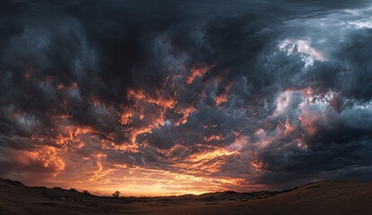 Fiery sunset storm clouds over desert landscape
